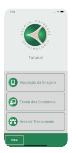 Imagem da tela do aplicativo TopEye mostrando o logotipo da Escola Cearense de Oftalmologia e três botões, são eles: Aquisição de Imagem, Teoria dos Contornos e Área de Treinamento